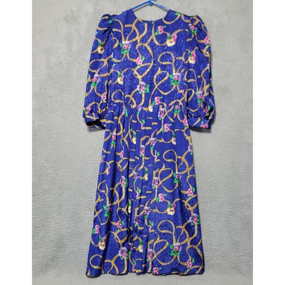 Terri Ellen Dresses & Skirts - Vintage Terri‎ Ellen Dress Size 12 Purple Gold Floral Pleated Puffer Sleeves